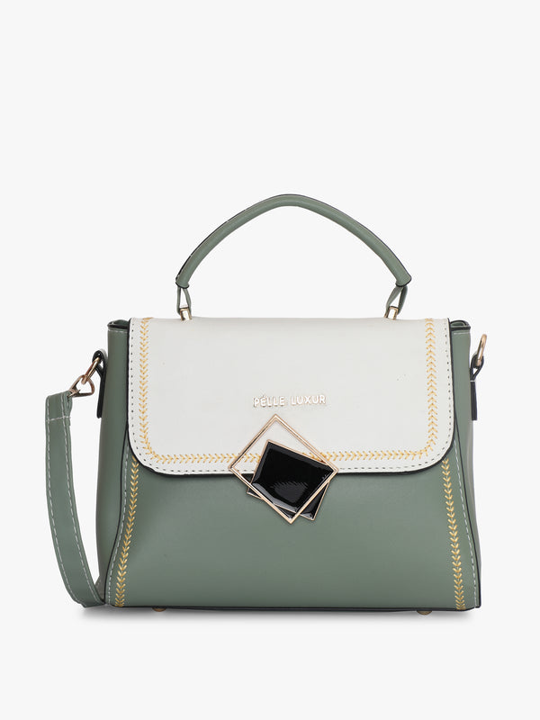 Pelle Luxur Women's Greenish Grey/White Satchel Bag