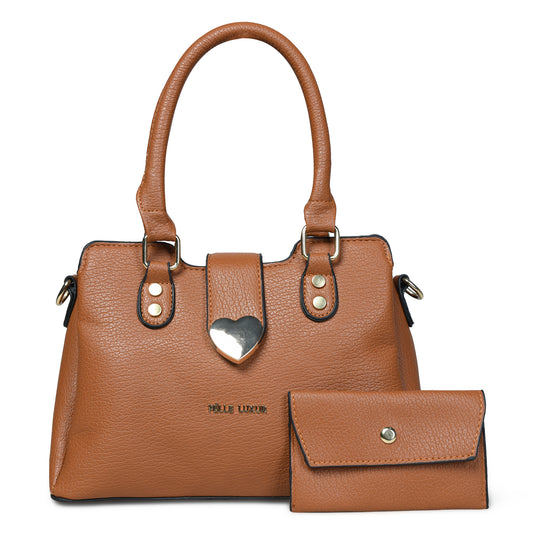 Pelle Luxure Women's Small PU Satchel – Tan and Brown Elegance