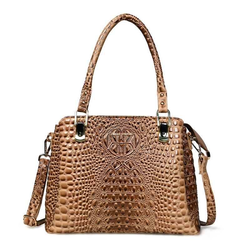 Pelle Luxur Women's Camel Brown, Premium PU Satchel Bag, Medium Size with Zipper Closure