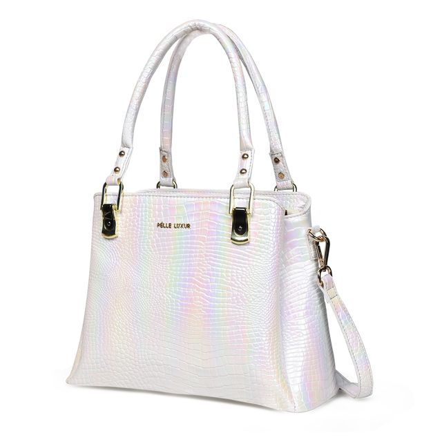 Pelle Luxur Women's White, Premium PU Satchel Bag, Medium Size with Zipper Closure