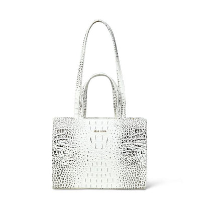 Pelle Luxur Women’s Handheld Bag in White/Black, crafted from premium PU, medium-sized with a secure zipper closure.