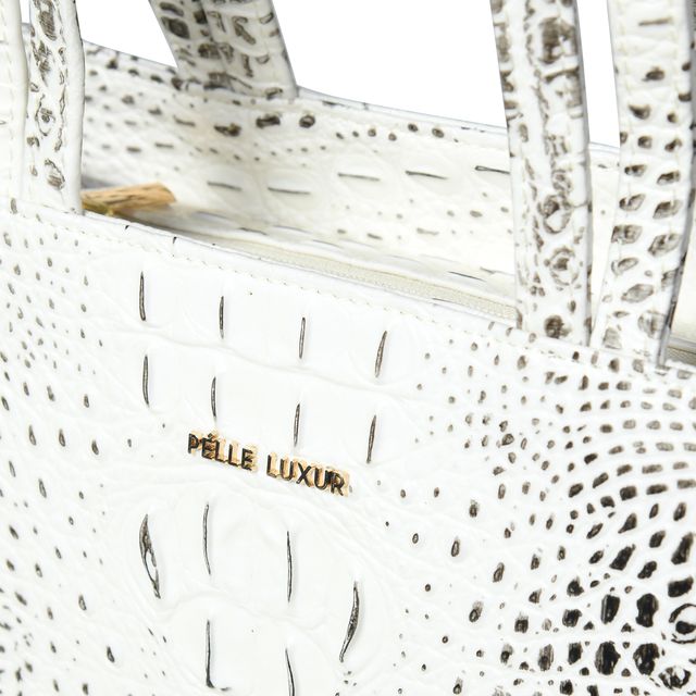 Pelle Luxur Women’s Handheld Bag in White/Black, crafted from premium PU, medium-sized with a secure zipper closure.