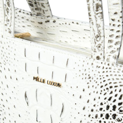 Pelle Luxur Women’s Handheld Bag in White/Black, crafted from premium PU, medium-sized with a secure zipper closure.